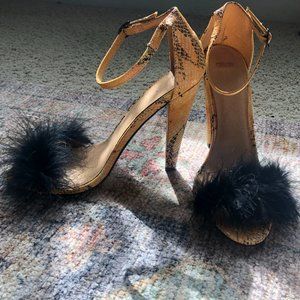 ASOS Yellow Snakeskin Print Black Fur Sandal Heels